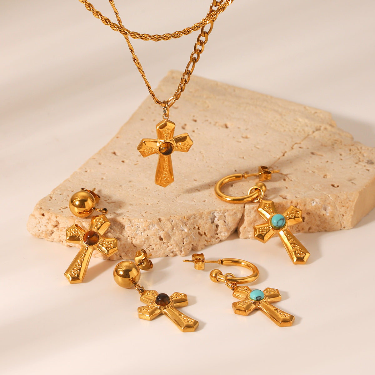 French Stainless Steel Figaro Chain Fried Dough Twists Chain Double-layer Necklace Cross Pendant with Tiger's Eye Stone Turquoise Earrings