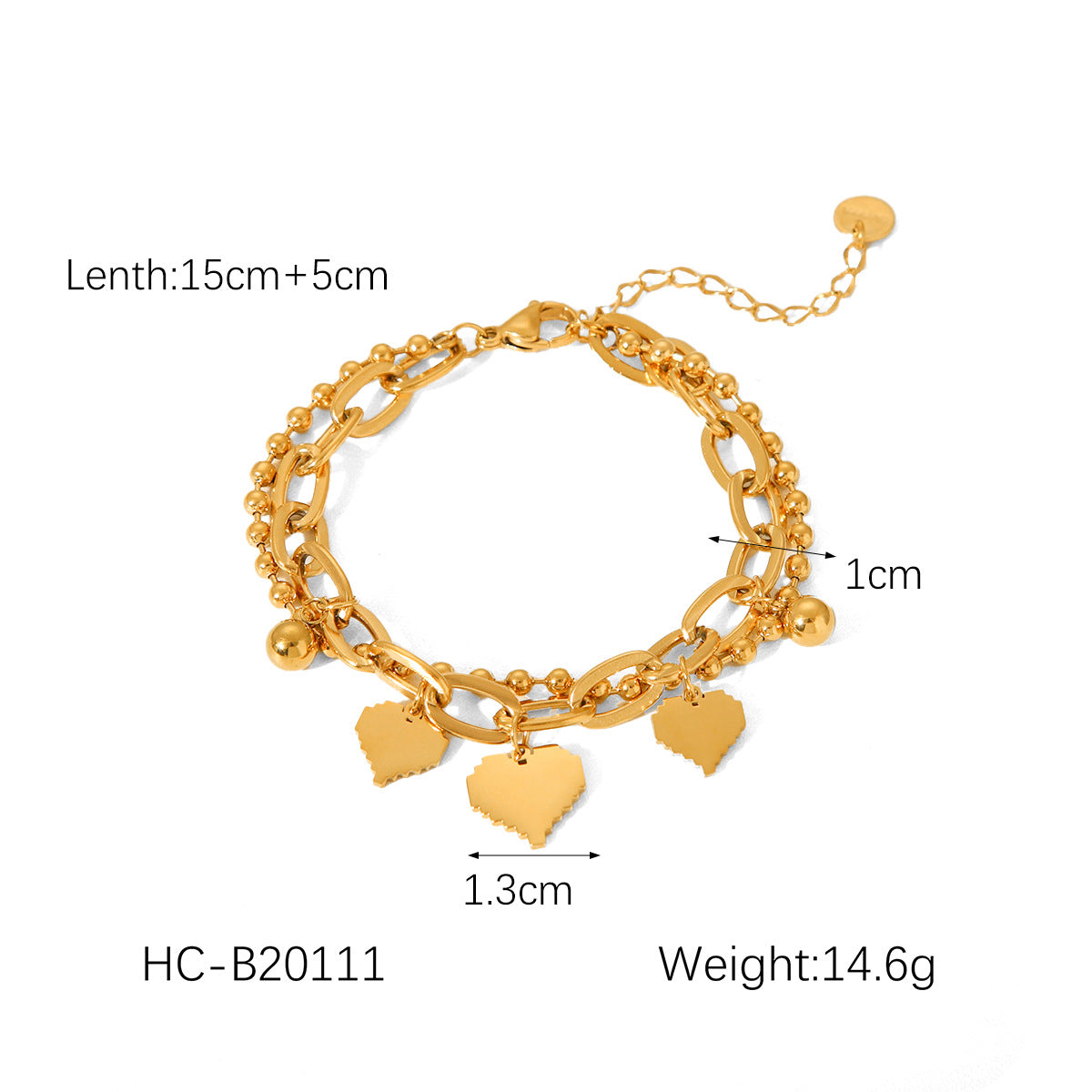 Love Gold Bean Pendant Double Layer Stacking Stainless Steel Bracelet Female Ins Indifferent Wind Round Bead Chain Jewelry