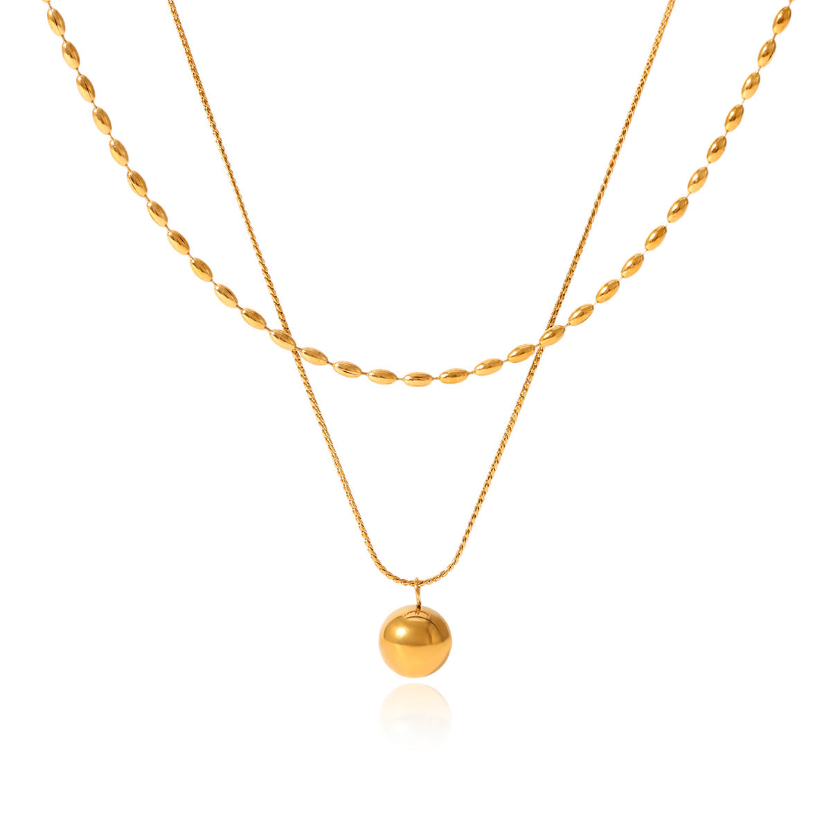 Double-layer stainless steel necklace, oval bead chain, Fried Dough Twists chain, small golden ball pendant, neck chain, titanium steel necklace accessory, does not fade