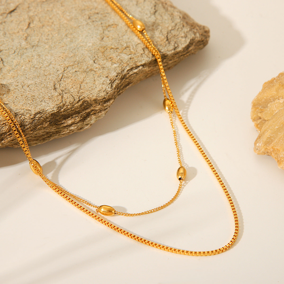 Fashionable and Personalized Trend 18K Gold-plated Stainless Steel Necklace Oval Bead Double-layer Necklace INS Internet Celebrity Necklace Female