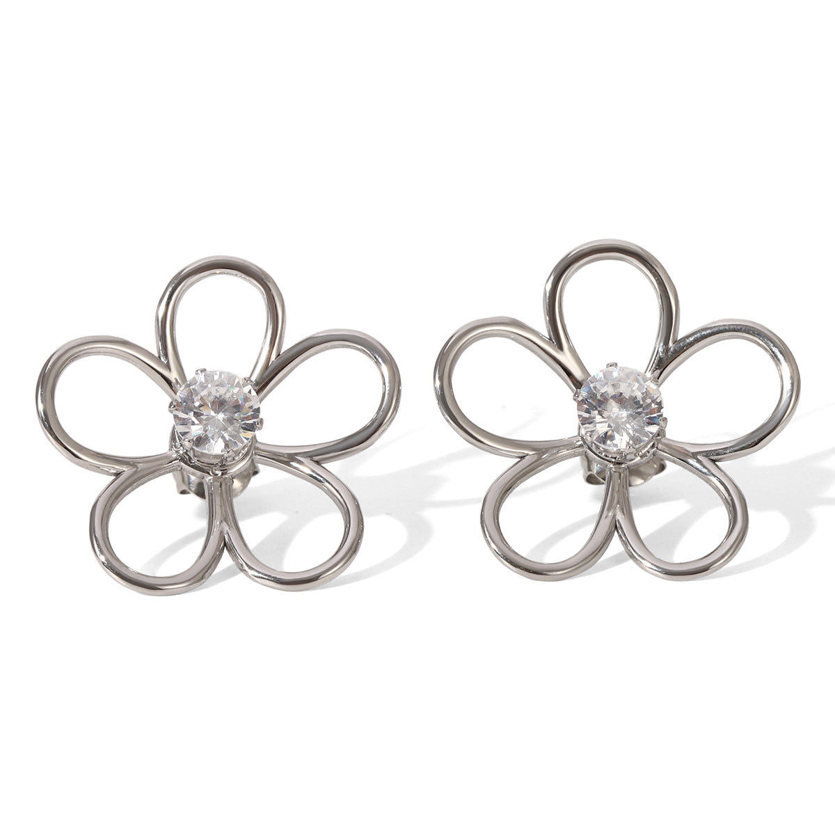 Stainless Steel Hollow Flower Earrings with Zircon Earrings Design Sense Earrings Titanium Steel Jewelry