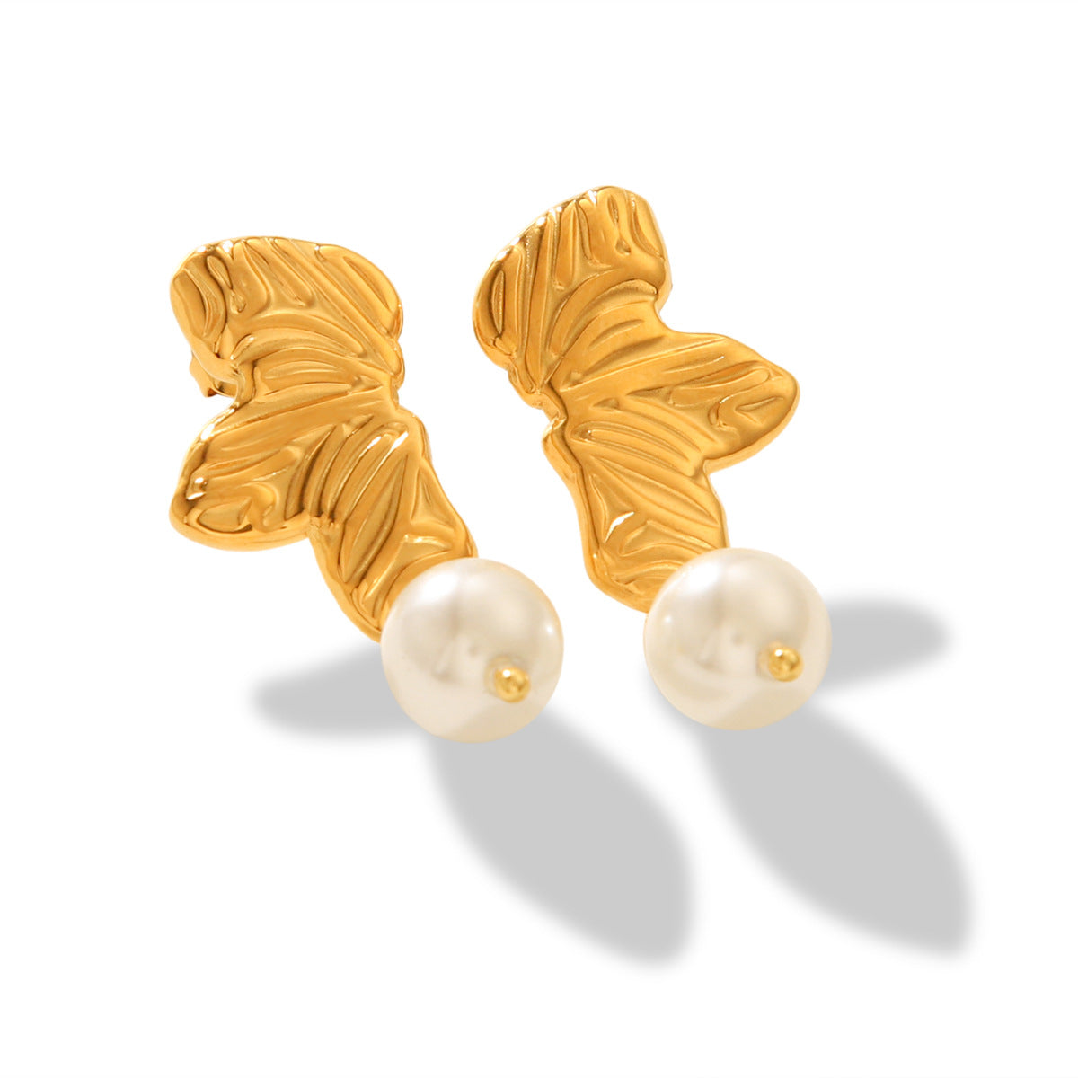 Fashionable 18k Gold-plated Stainless Steel Earrings, Leaf Pearl Earrings, Feminine Versatile Earrings