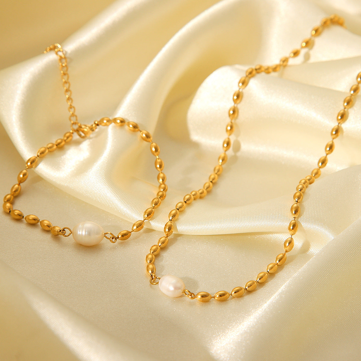French natural freshwater pearl oval gold bean necklace stainless steel bracelet titanium steel jewelry
