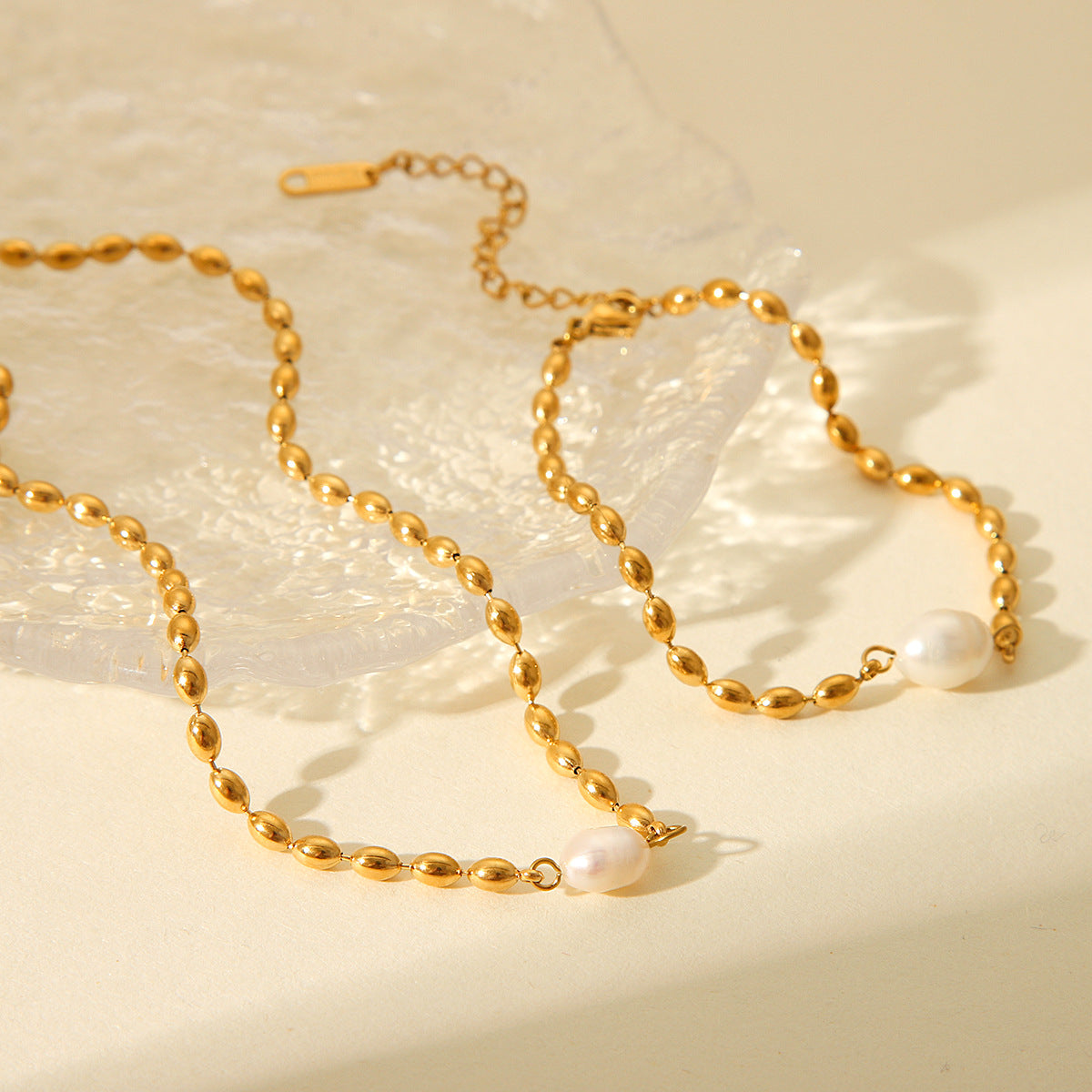 French natural freshwater pearl oval gold bean necklace stainless steel bracelet titanium steel jewelry