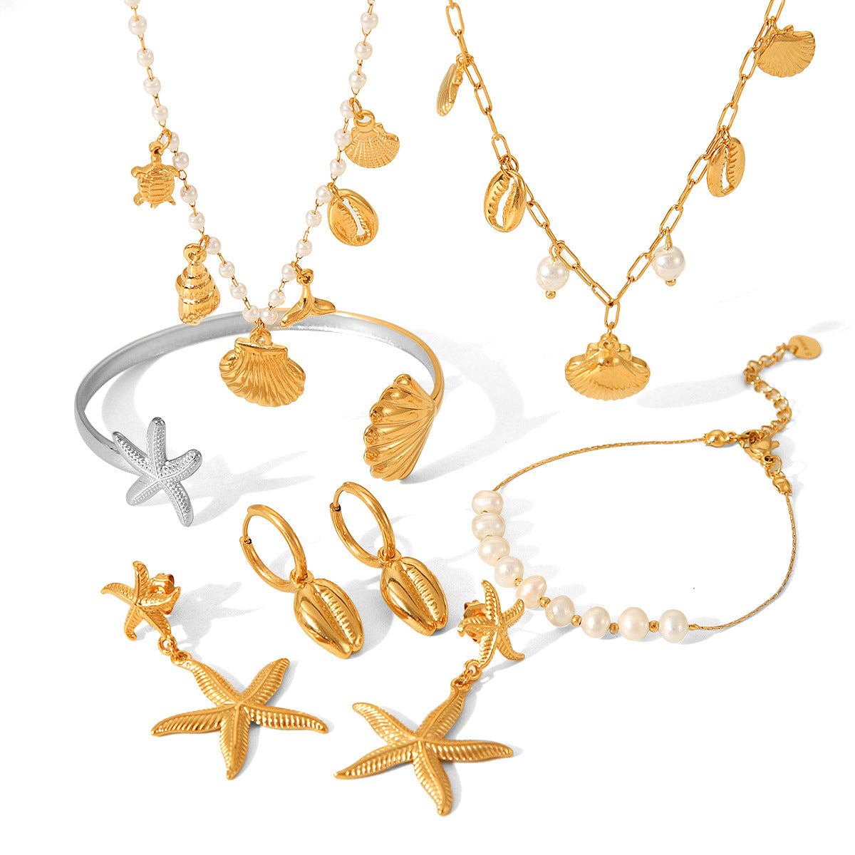 Ocean Series Stainless Steel Starfish Earrings Pearl Scallop Pendant Necklace Does Not Fade Bracelet