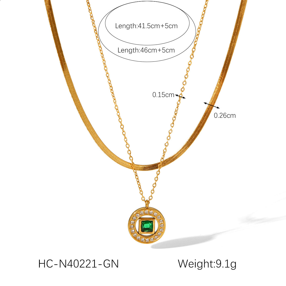 Stainless Steel Round Diamond Pendant Necklace Women's Fashion High-end Titanium Steel Snake Bone Chain Double Layer Chain