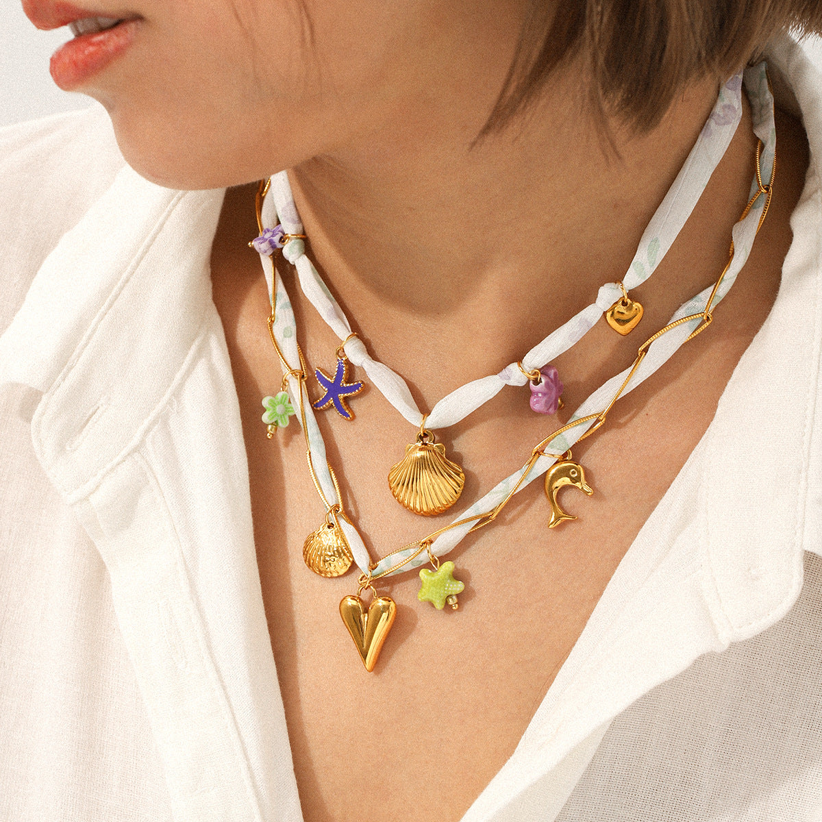 Summer Vacation Style Scarf Necklace, Light Luxury Niche Stainless Steel Shell Heart Pendant Necklace Jewelry