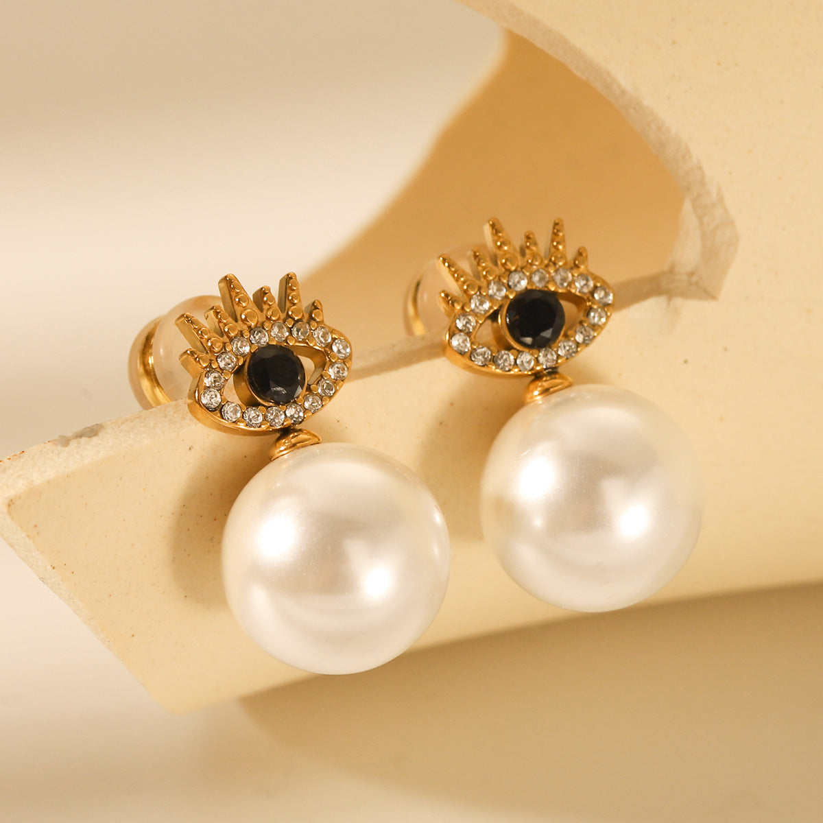 18K gold stainless steel diamond-encrusted eye earrings for women, fashionable, personalized, trendy, pearl earrings