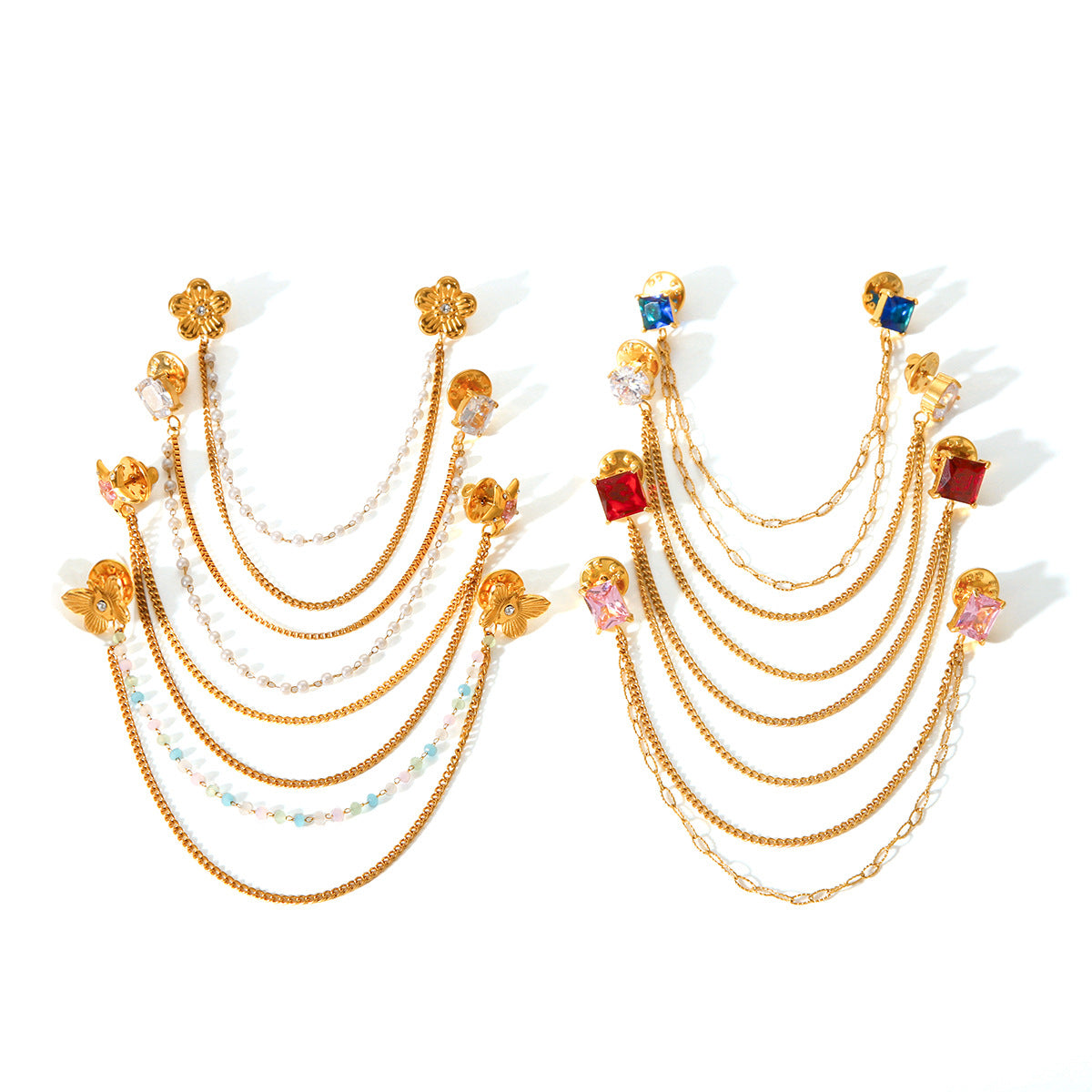 Square Stainless Steel Diamond-encrusted Shirt Collar Pin with Flower and Butterfly Brooch Chain Clothing Accessory