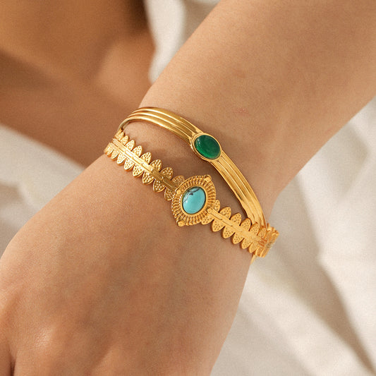 French Retro Green Agate Stainless Steel Bracelet - Versatile and Stylish Accessories, Turquoise Titanium Steel Open Bracelet, Fade-Resistant