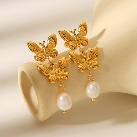 18K Gold Stainless Steel Butterfly Earrings, Women's Light Luxury Temperament, Freshwater Pearl Earrings, Versatile Earrings