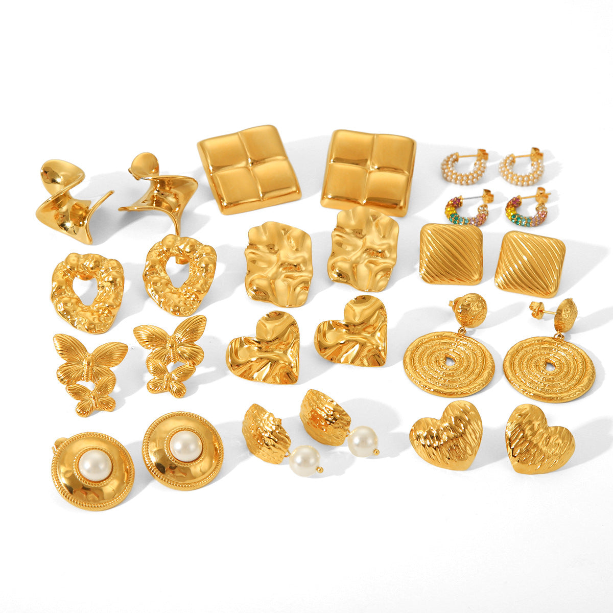 Ins Wind Punch Texture Titanium Steel Earrings 18K Gold Stainless Steel Geometric Love Butterfly Inlaid Diamond Earrings