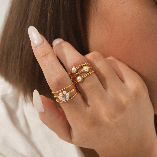 Design sense three-layer stainless steel open ring flower pearl finger ring female non-fading titanium steel jewelry