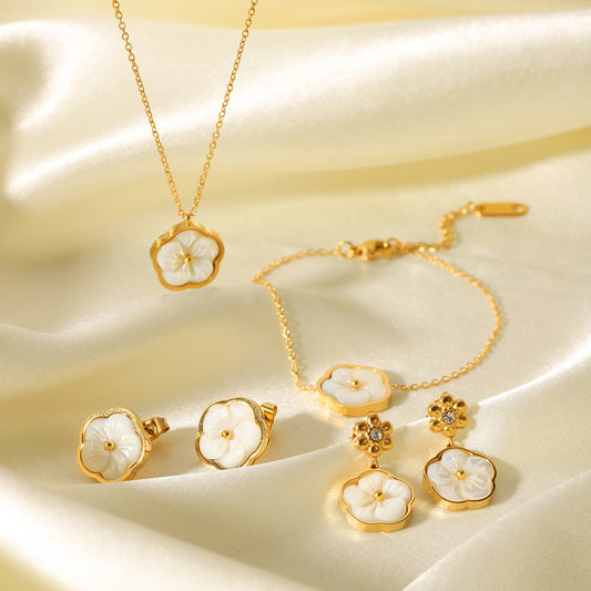 High-end stainless steel earrings with zircon flowers and mother-of-pearl petals pendant for women's necklace and bracelet jewelry