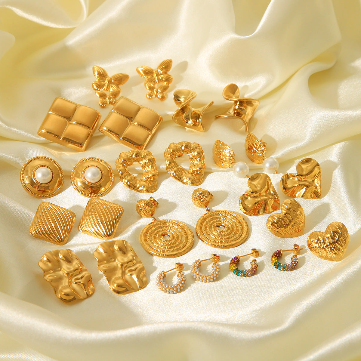 Ins Wind Punch Texture Titanium Steel Earrings 18K Gold Stainless Steel Geometric Love Butterfly Inlaid Diamond Earrings