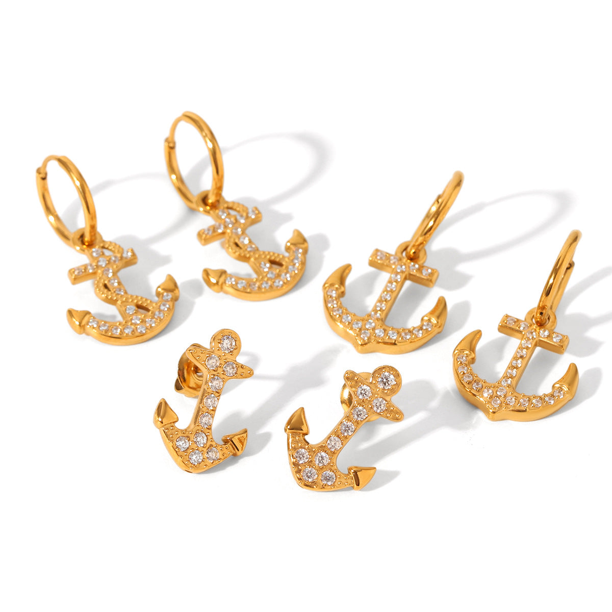 18K Gold Stainless Steel Anchor Earrings with Diamond Studs, Women's Light Luxury High-end Titanium Steel Earrings