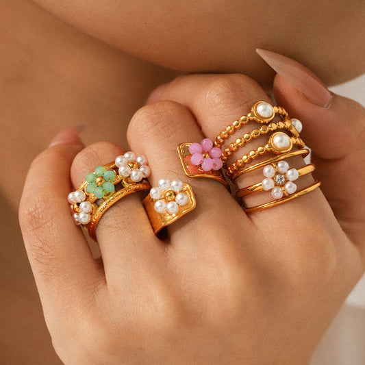 Pearl Ring, Niche Design, Hand Jewelry, Titanium Steel Open Ring, Women's Non-fading Flower Stainless Steel Finger Ring