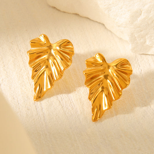 18k Gold-plated Stainless Steel Leaf Earrings with Pleated Titanium Steel Earrings, Fashionable and Personalized Earrings