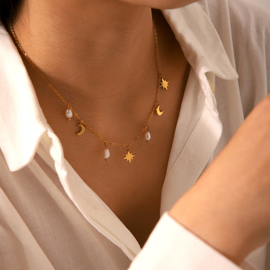 Stainless Steel Eight-pointed Star Moon Freshwater Pearl Pendant Necklace