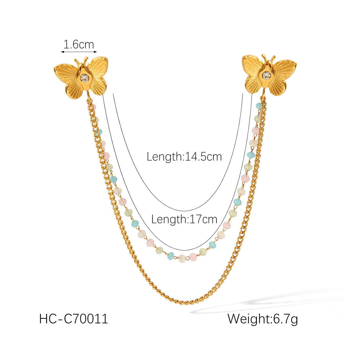 Square Stainless Steel Diamond-encrusted Shirt Collar Pin with Flower and Butterfly Brooch Chain Clothing Accessory