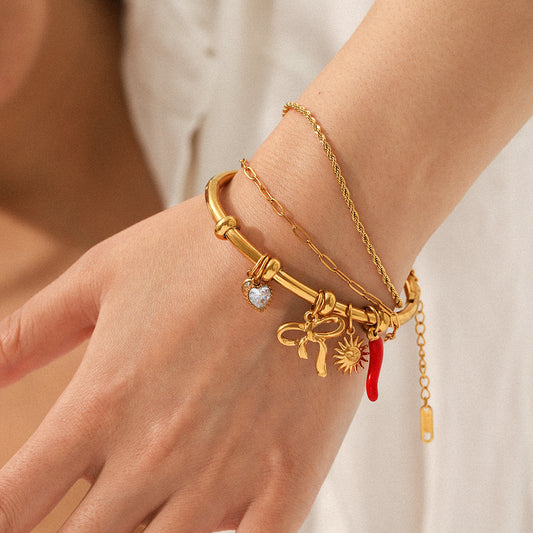 Stainless Steel Sun Bowknot Oil-dripping Chili Zircon Bracelet DIY Jewelry Accessory Titanium Steel Plain Bracelet