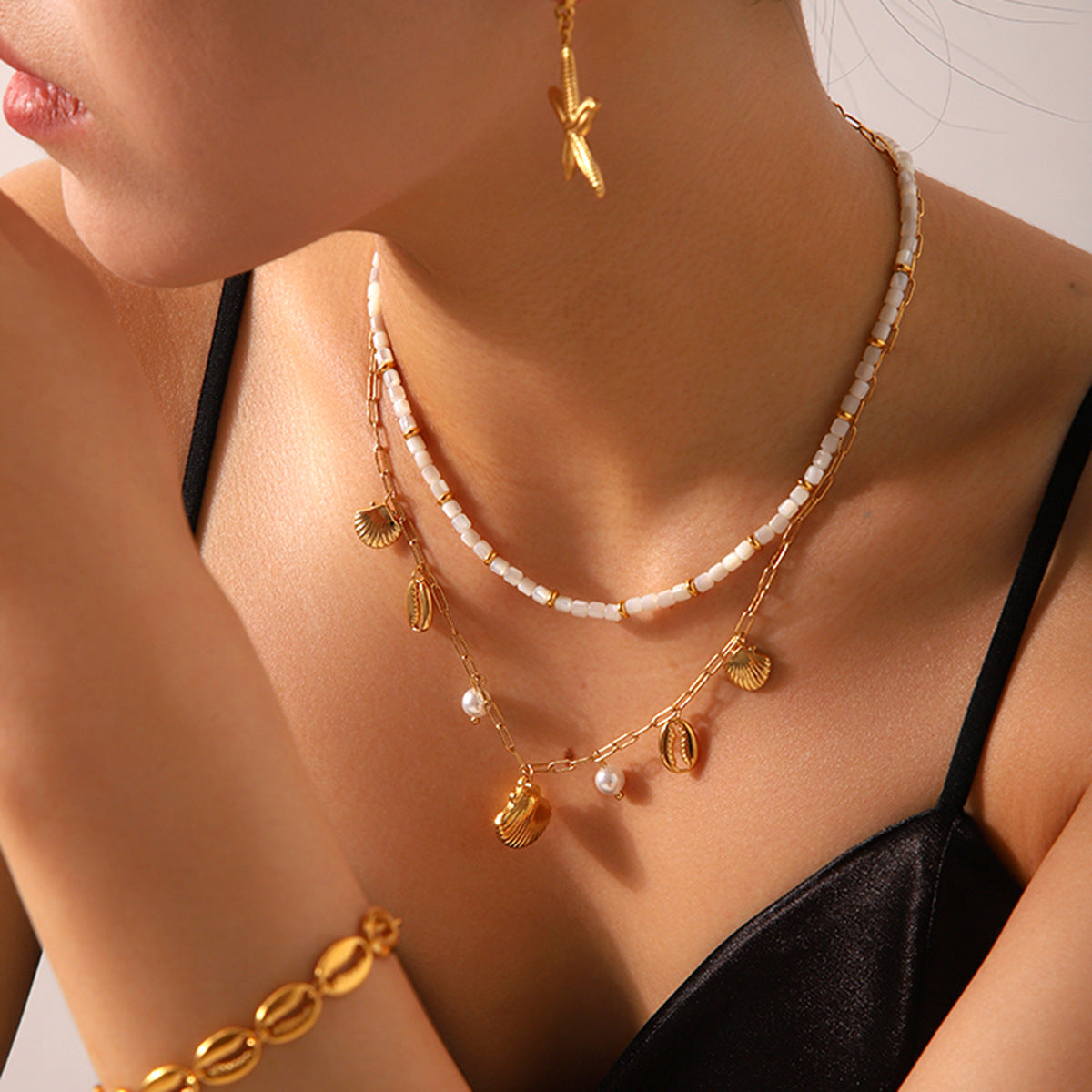 Stainless Steel Shell Pendant Necklace, Color Blocked Starfish Shell Bracelet, Women's Ocean Element Titanium Steel Ring