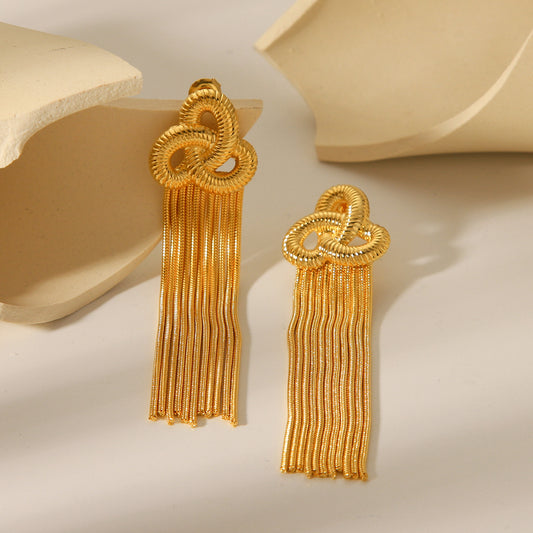 18k Gold Stainless Steel Chinese Knot Earrings with Tassel, Fashionable and Elegant Titanium Steel Earrings for Women