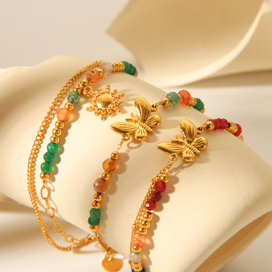 French Retro Natural Stone Stainless Steel Chain Butterfly Bracelet with Feminine Temperament, Versatile Titanium Steel Bracelet, High-end Touch Bracelet