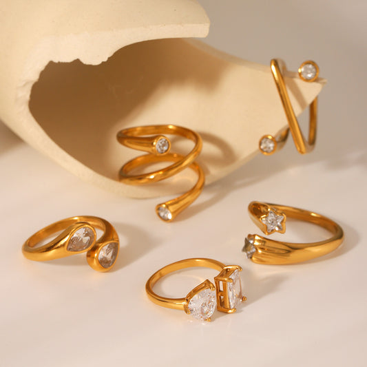 18K Gold Stainless Steel Open Ring Inlaid with Zircon, High-end, Non-fading, Finger Ring, Titanium Steel Jewelry