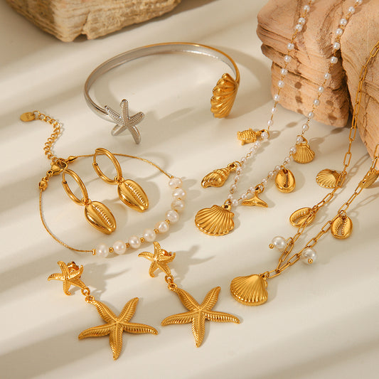 Ocean Series Stainless Steel Starfish Earrings Pearl Scallop Pendant Necklace Does Not Fade Bracelet