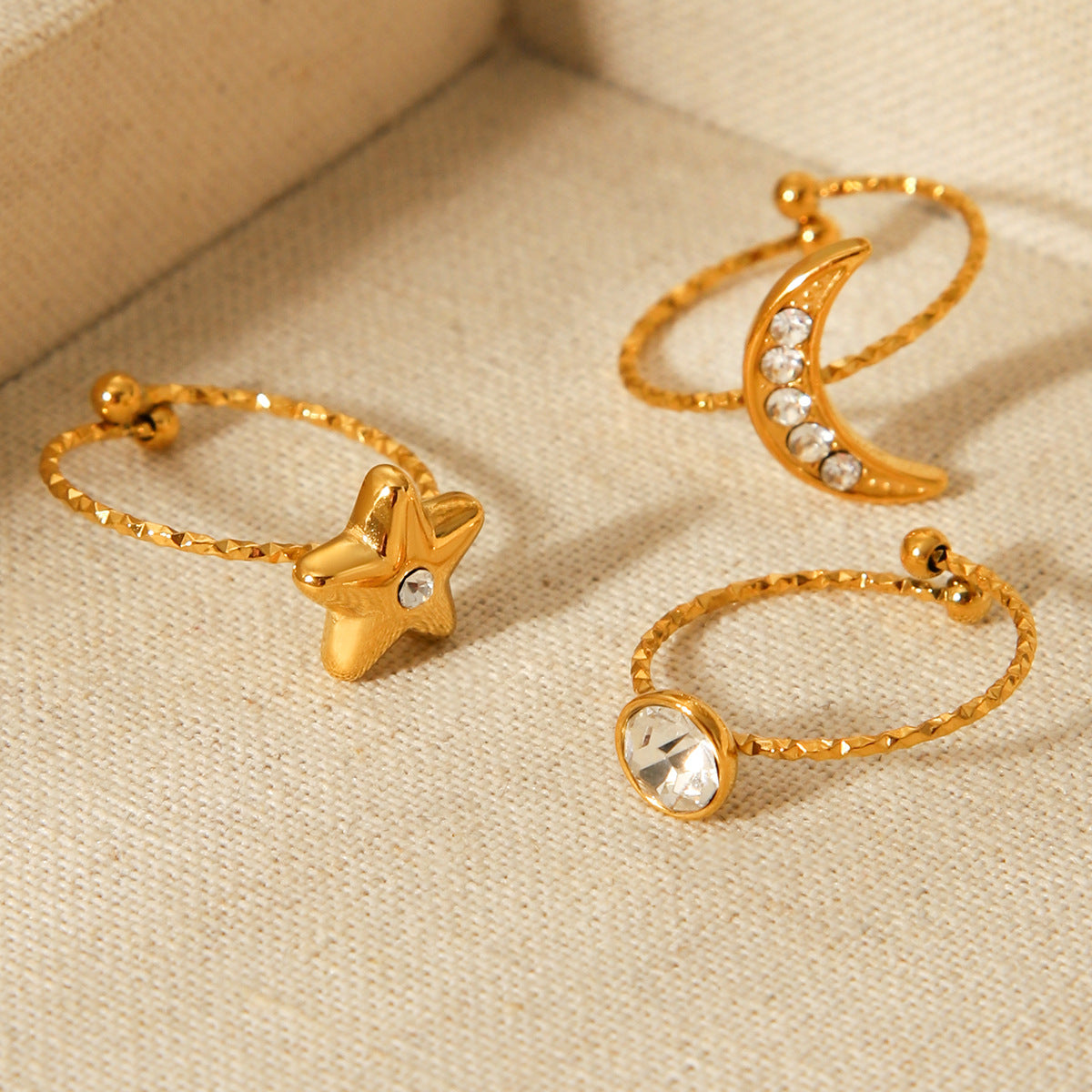 Stainless Steel Star Moon Zircon Ring for Women, Non-Fading Titanium Steel Ring, Unisex Design, Open Ring