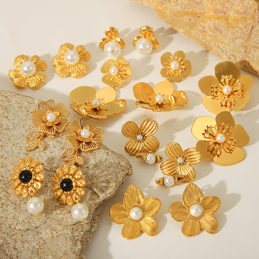 French 18K Gold Stainless Steel Flower Earrings Design Sense Fashion Retro Temperament Pearl Earrings Women