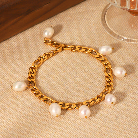 Ins-style Natural Freshwater Pearl Anklet, Stainless Steel Figaro Chain, 18K Gold-plated Anklet, Titanium Steel, Non-fading
