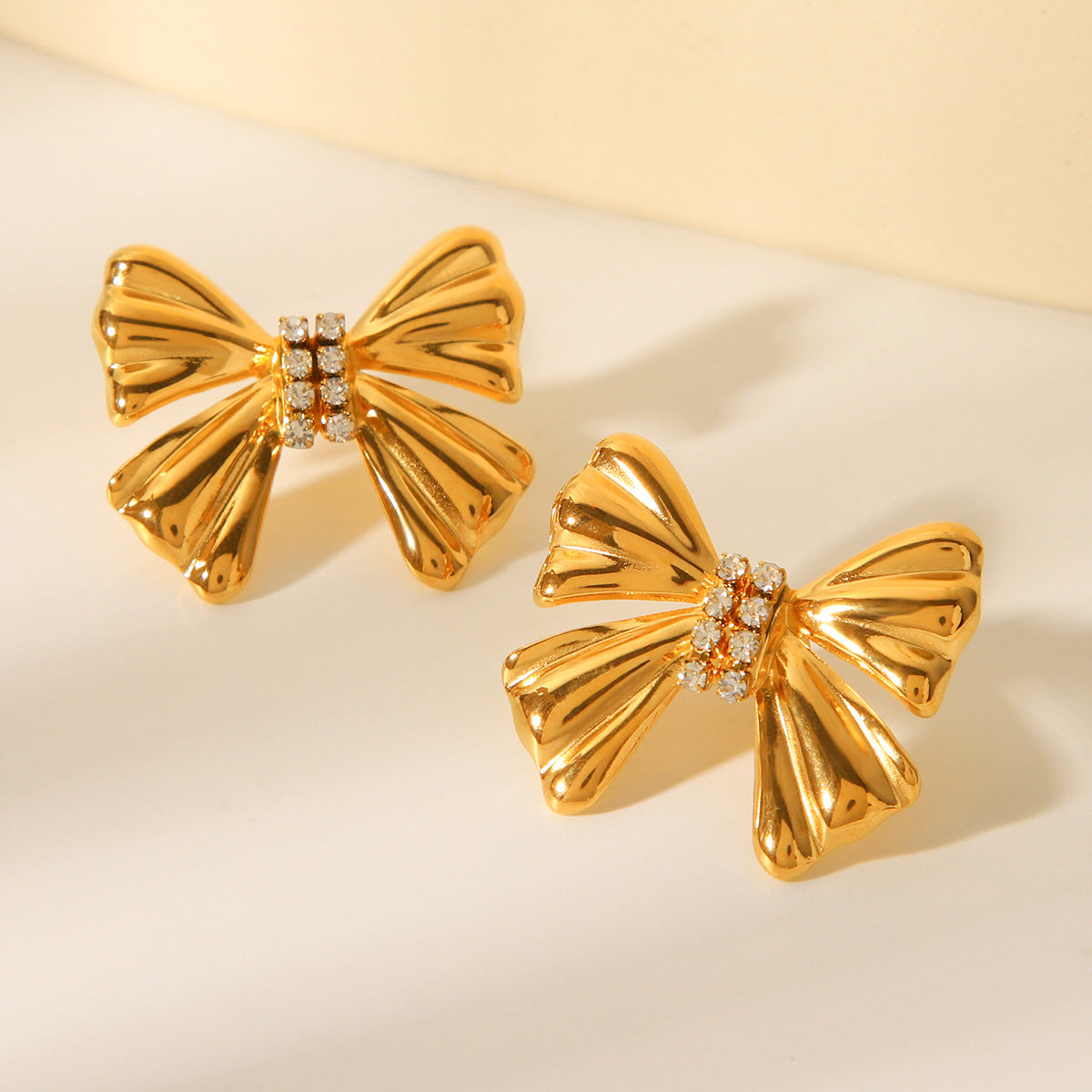 18K Gold Stainless Steel Bowknot Earrings with Diamond Studs, Women's Light Luxury Temperament, High-end Ear Jewelry