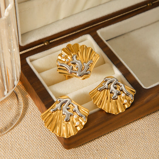 Stainless steel color-blocked ocean scenery surface coral pearl shell earrings design sense titanium steel earrings female