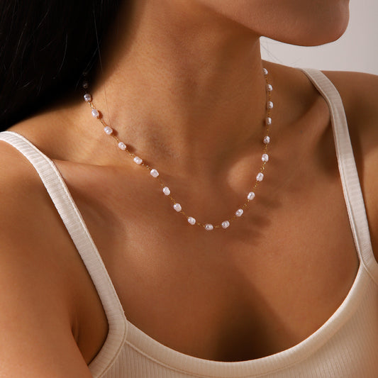 French retro palace style 18K gold-plated stainless steel pearl necklace for women, light luxury temperament, titanium steel, non-fading necklace