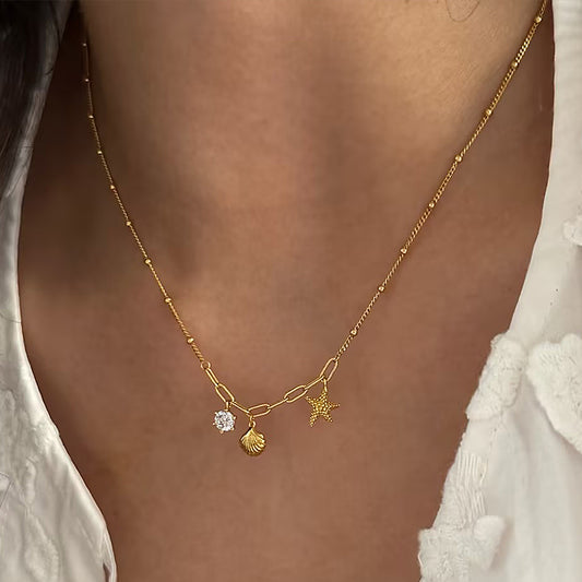 Women's Stainless Steel Starfish Shell Zircon Pendant Necklace, Niche Design, Ocean Style, Titanium Steel Clavicle Chain,