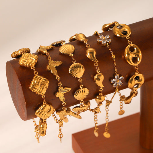 Stainless Steel Bracelet, Featuring Square, Butterfly, Shell, and Water Droplet Designs, Adorned with Zircon Flowers and A Pig-nose Buckle, Crafted From 18K Gold and Titanium Steel Jewelry