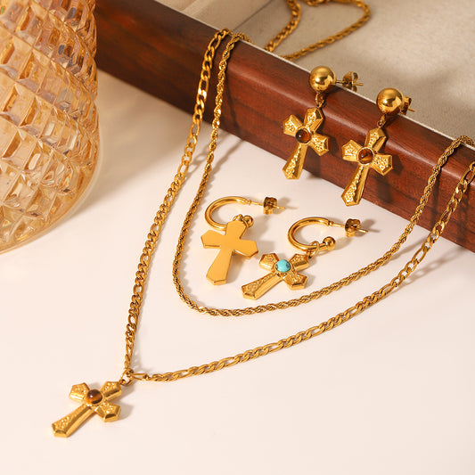 French Stainless Steel Figaro Chain Fried Dough Twists Chain Double-layer Necklace Cross Pendant with Tiger's Eye Stone Turquoise Earrings