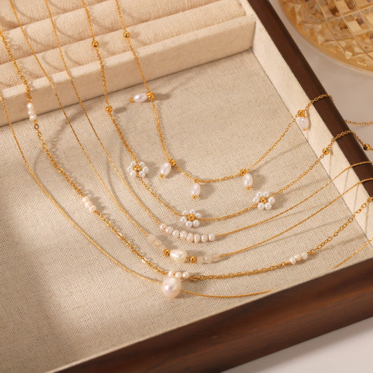 French Vintage Freshwater Pearl Necklace Women's Light Luxury Temperament Beaded Stainless Steel Clavicle Chain Non-fading Titanium Steel Necklace