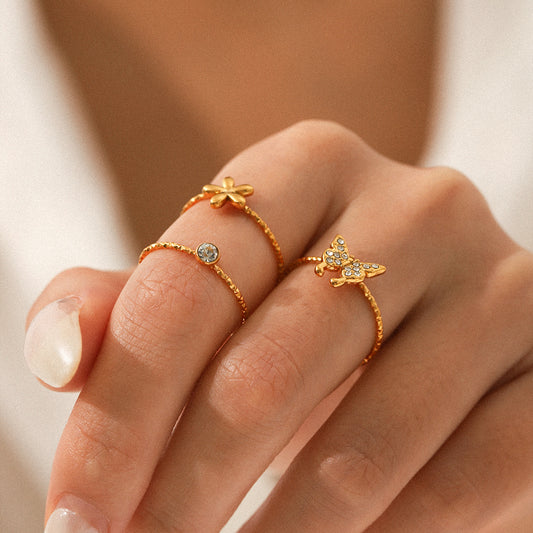 Stainless Steel Flower and Butterfly Ring Set with Diamond-encrusted Open Ring for Women, Non-fading, Stackable Finger Rings