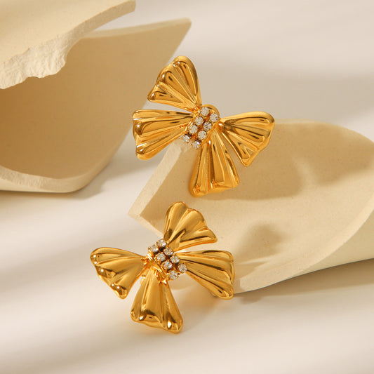 18K Gold Stainless Steel Bowknot Earrings with Diamond Studs, Women's Light Luxury Temperament, High-end Ear Jewelry