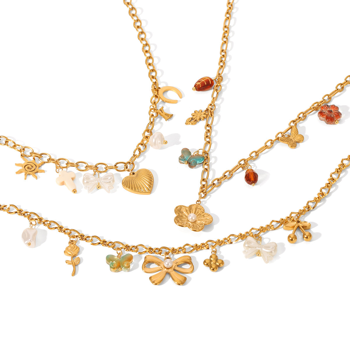 Floral Tassel Pendant Necklace with Bow, Heart, and Sun DIY Accessories - Lightweight Luxury Stainless Steel Necklace