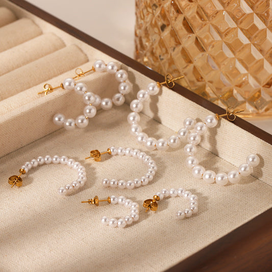 Stainless Steel C-shaped Pearl Earrings for Women, Vintage Style, Millet Pearl Earrings, High-end Earrings