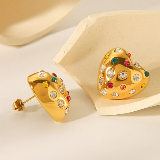 18K Gold Stainless Steel Heart-shaped Earrings for Women, Featuring A Premium Feel, Chubby Design, Titanium Steel Earrings Studs, and Colored Diamond Earrings