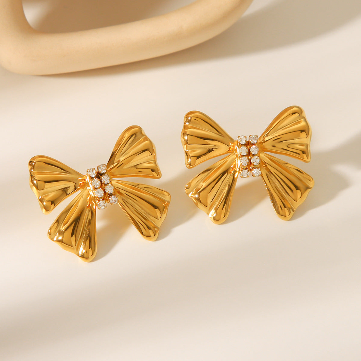 18K Gold Stainless Steel Bowknot Earrings with Diamond Studs, Women's Light Luxury Temperament, High-end Ear Jewelry