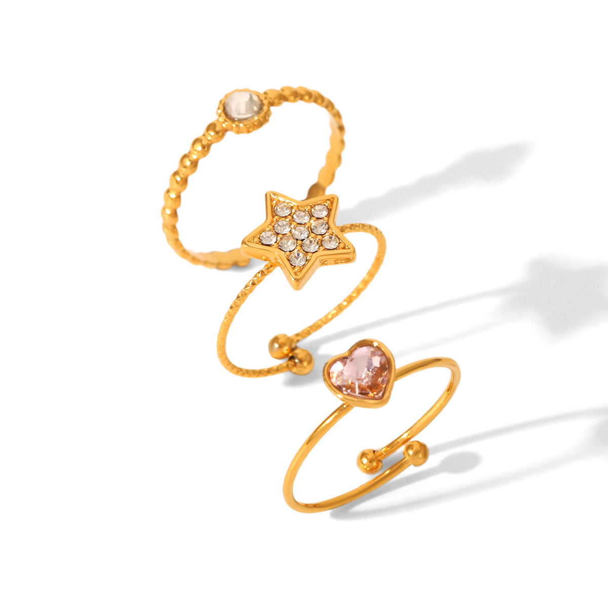 18k Gold Stainless Steel Heart Zircon Ring with Five-pointed Star Diamond-encrusted Open Ring