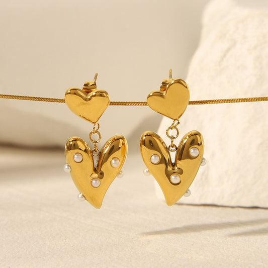 18k Gold-plated Stainless Steel Heart-shaped Earrings for Women, Fashionable and High-end, Heart-shaped Titanium Steel Pearl Earrings