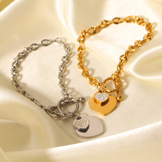 OT Buckle Heart-shaped Pendant Stainless Steel Bracelet for Women, Non-fading, High-end Feel, Heart-shaped Jewelry, Titanium Steel Accessory