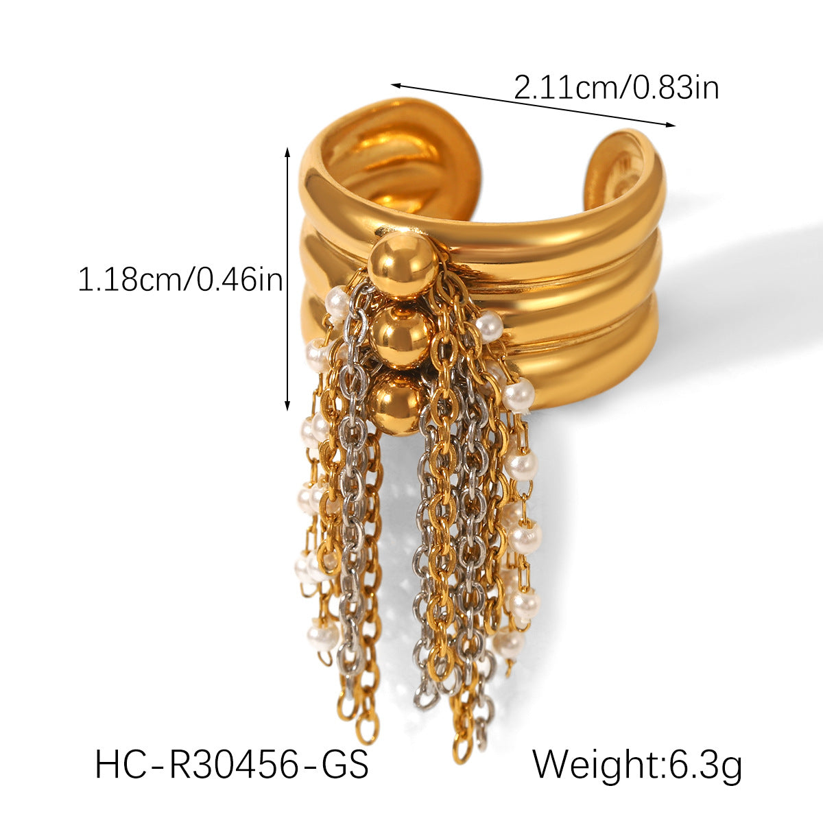 Titanium Steel Ring, 18K Gold Stainless Steel, Pearl Chain, Fringed, Open-ended, Women's Ring